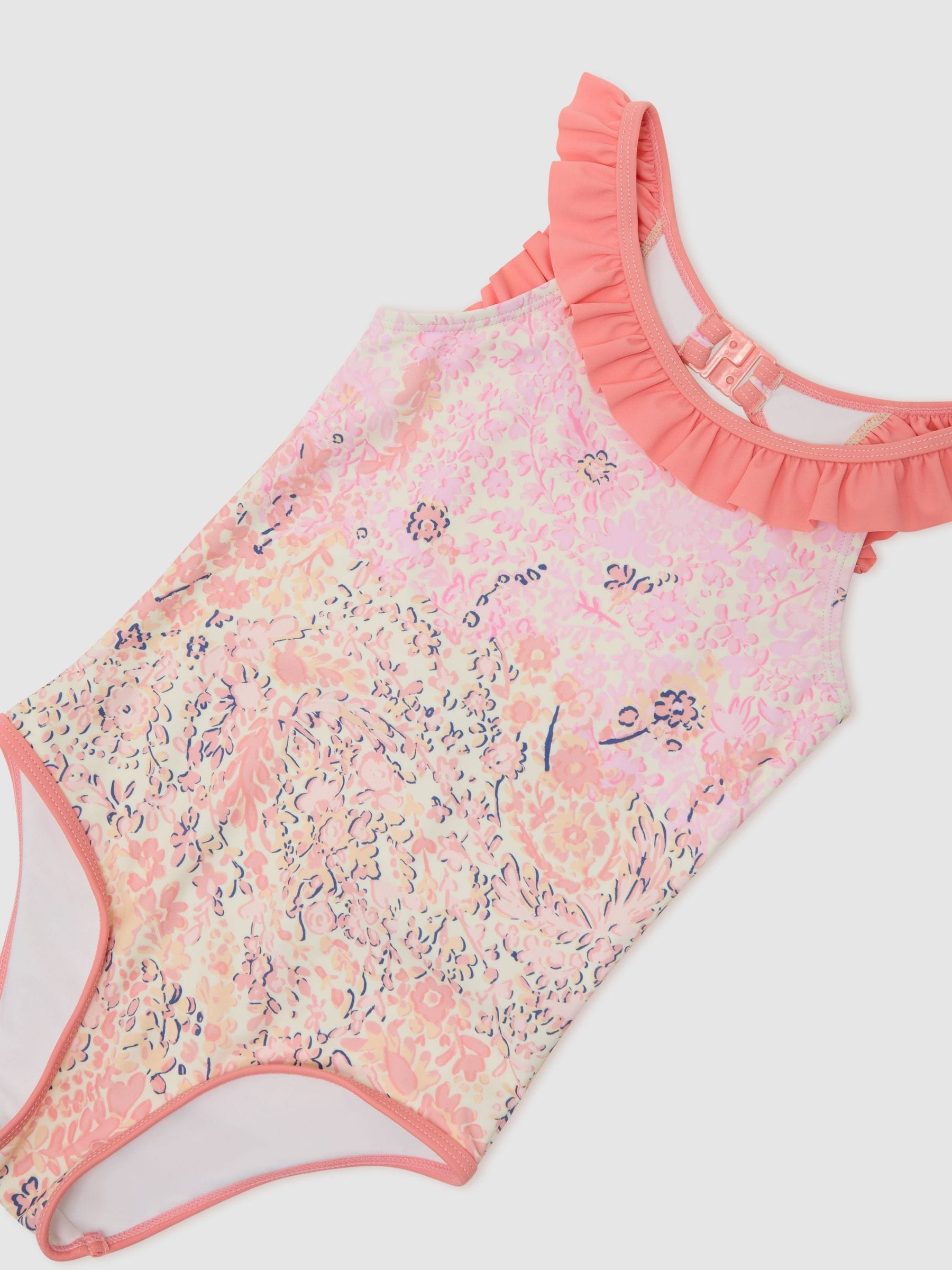 Reiss Pink Print Zuri 9-13 yrs Floral-Print Frill-Trim Swimsuit image 3