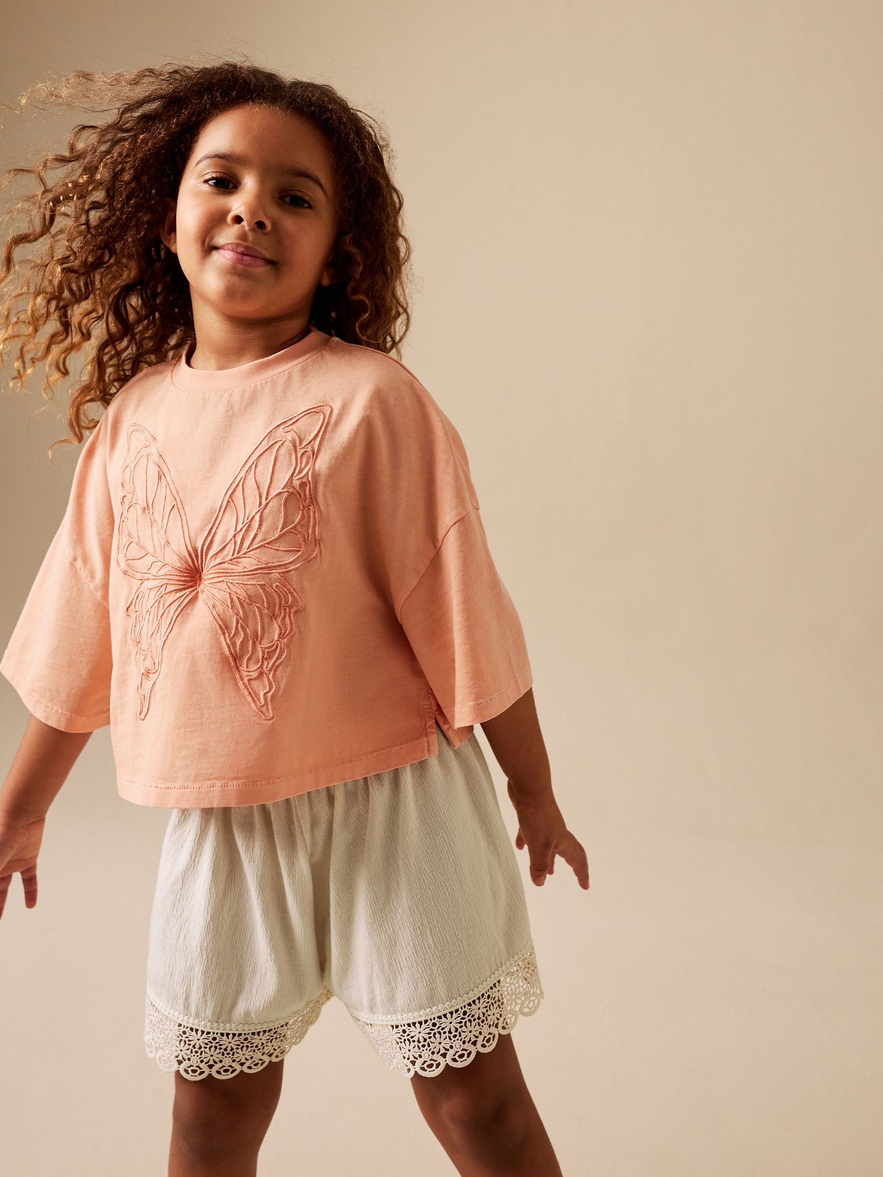 Dsiney Kidz - Orange/Cream Butterfly T-Shirt and Textured Shorts Set (3-16yrs) image 1