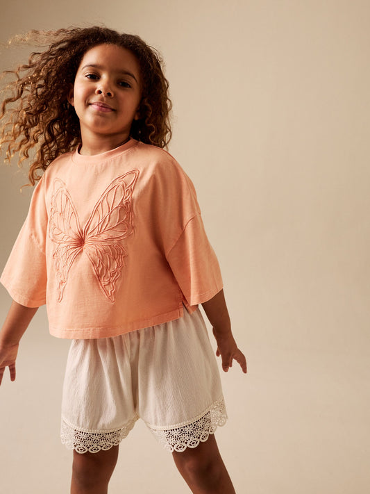 Orange/Cream Butterfly T-Shirt and Textured Shorts Set (3-16yrs) image 1