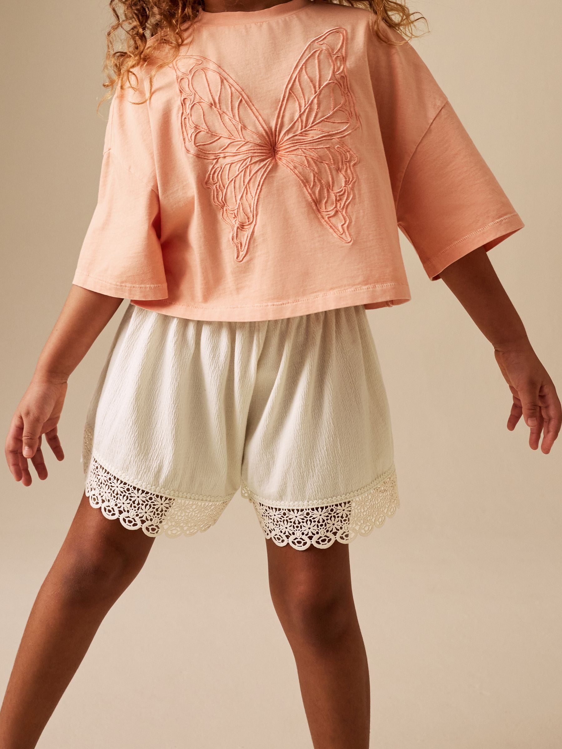 Dsiney Kidz - Orange/Cream Butterfly T-Shirt and Textured Shorts Set (3-16yrs) image 2