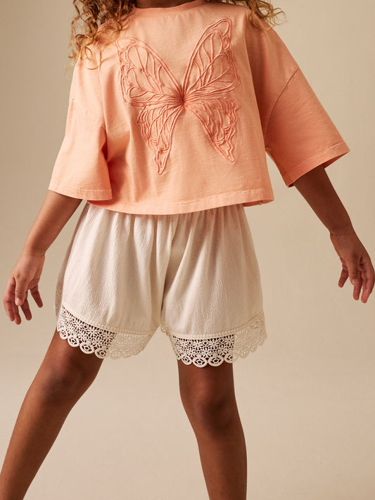 Orange/Cream Butterfly T-Shirt and Textured Shorts Set (3-16yrs) image 3