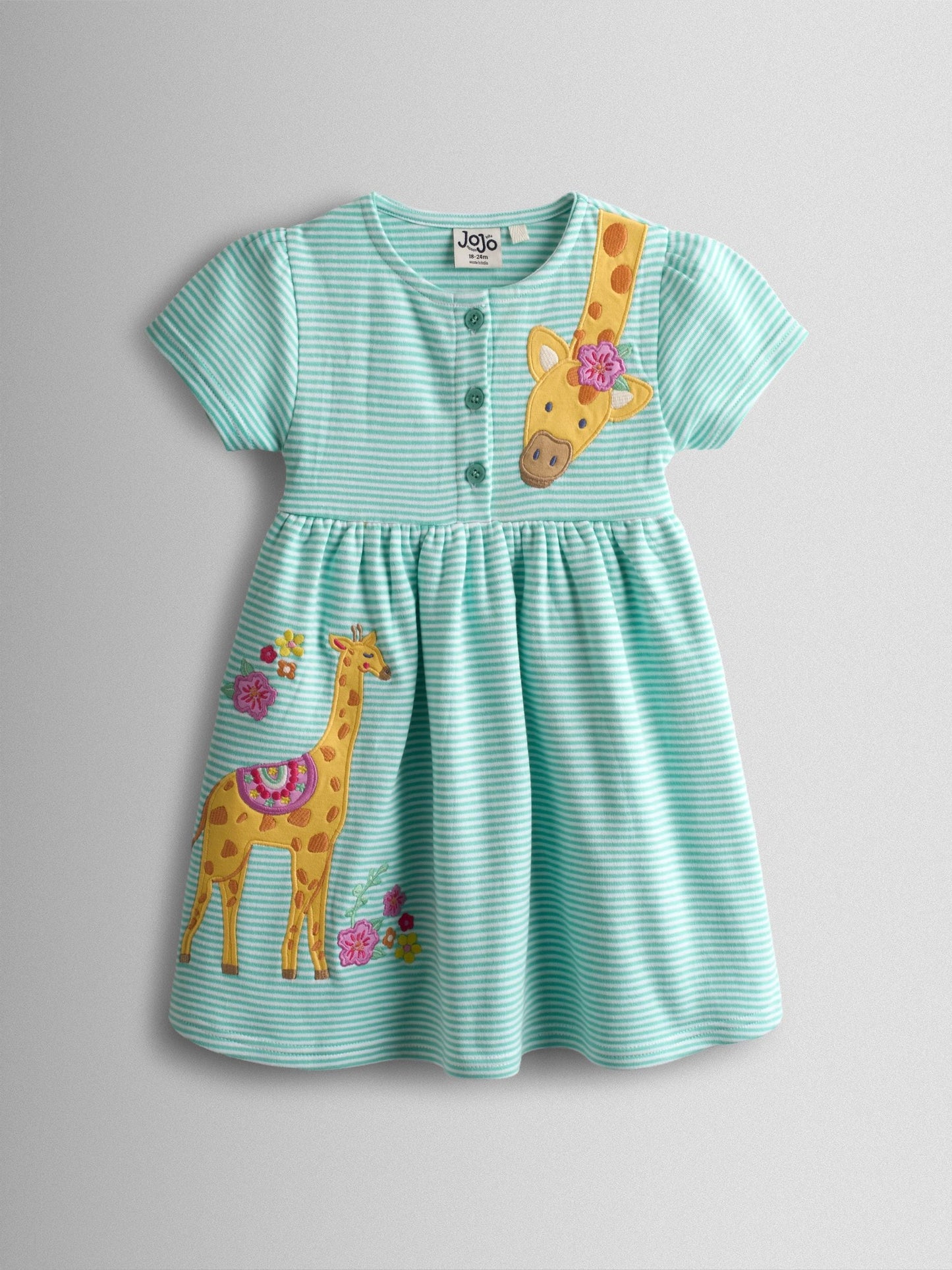 JoJo Maman Bébé Green Giraffe Appliqué Classic Button Front Dress image 1