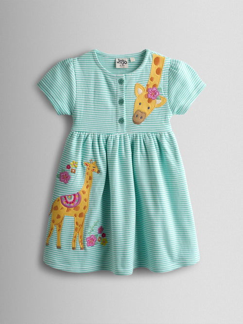 Dsiney Kidz - JoJo Maman Bébé Green Giraffe Appliqué Classic Button Front Dress image 1