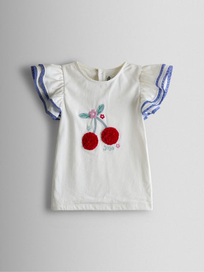 JoJo Maman Bébé Blue Cherry Applique Tshirt & Bubble Hem Skirt Set image 3