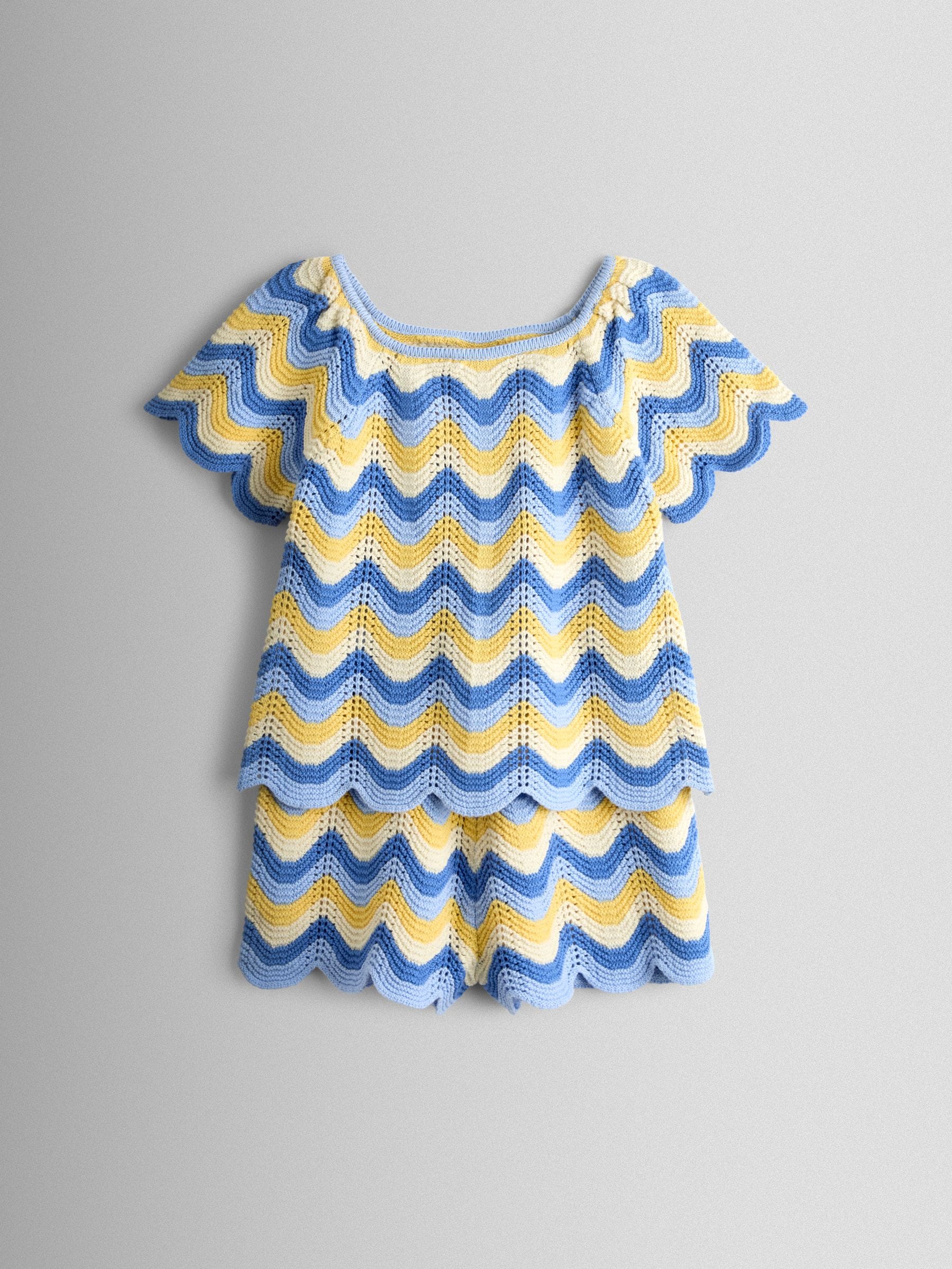 JoJo Maman Bébé Blue Chevron Crochet Top & Short Set image 2