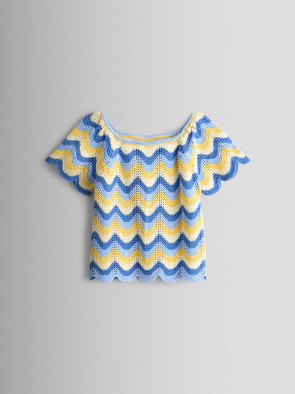 JoJo Maman Bébé Blue Chevron Crochet Top & Short Set image 3