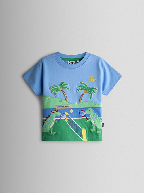 JoJo Maman Bébé Blue Tennis Dino Scene Appliqué T-Shirt image 1