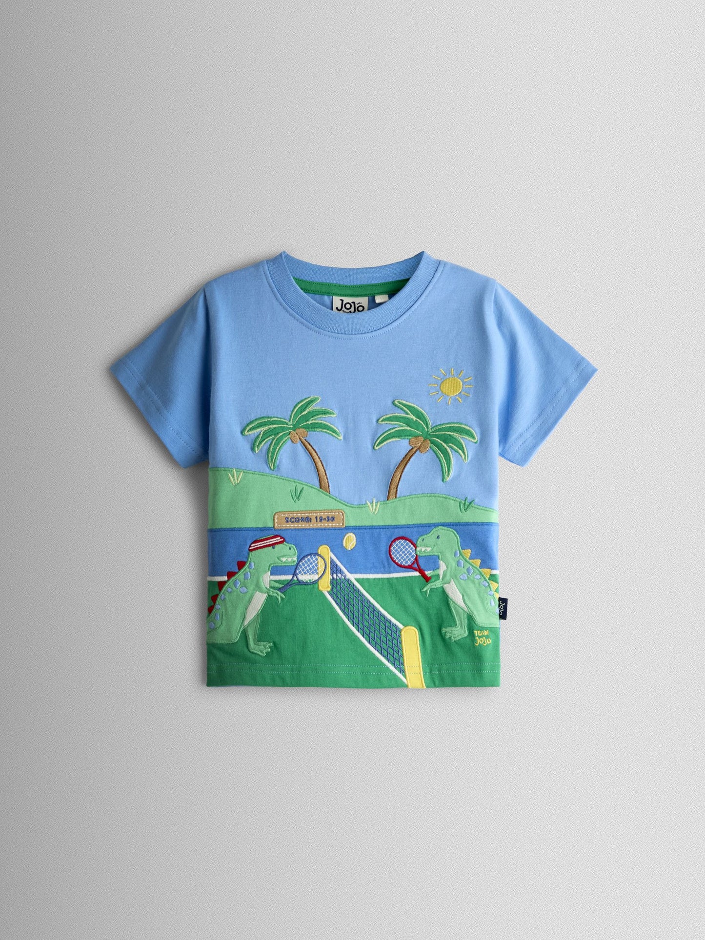JoJo Maman Bébé Blue Tennis Dino Scene Appliqué T-Shirt image 1