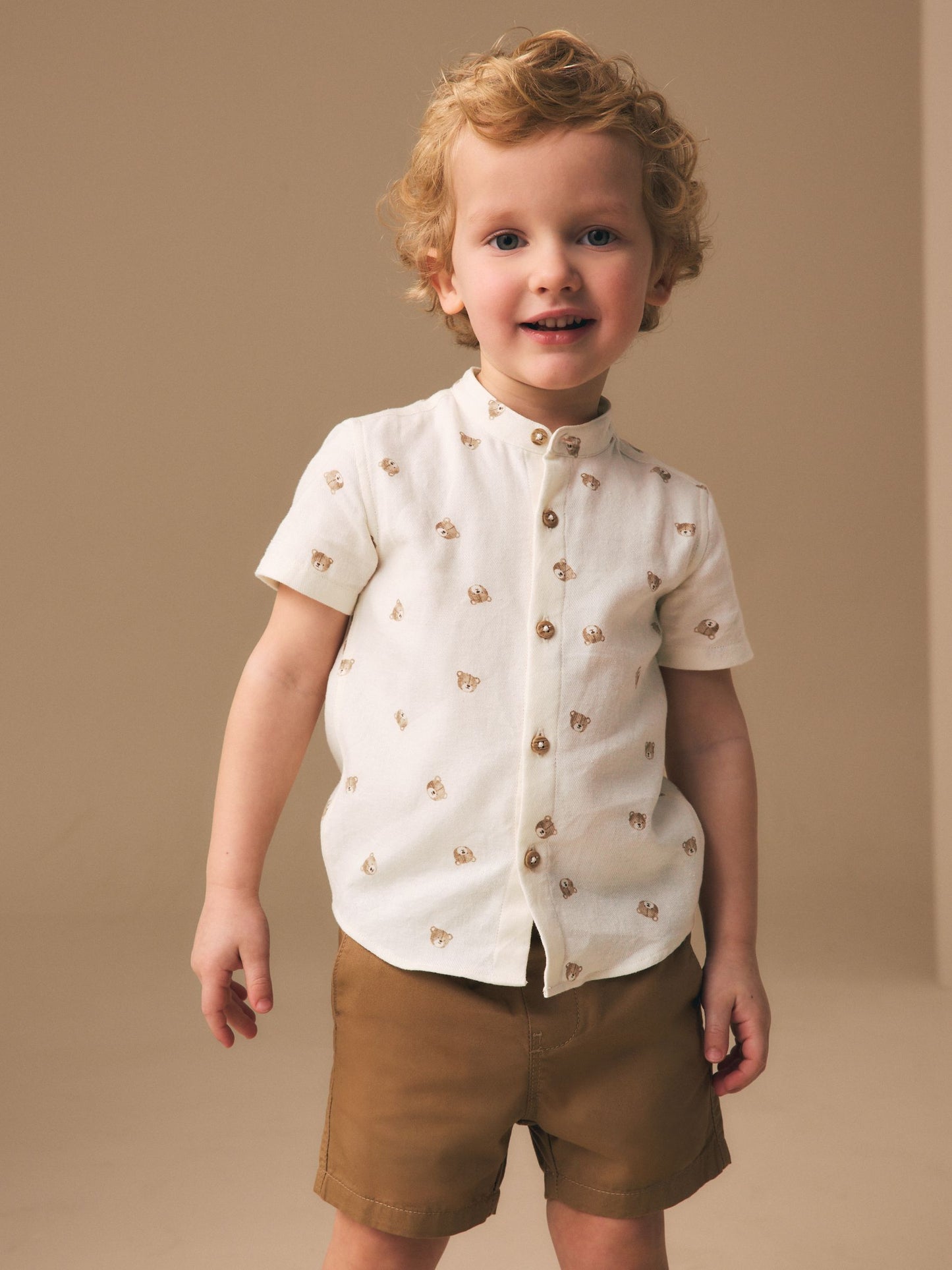 Dsiney Kidz - Ecru Bear All Over Print Short Sleeve Grandad Collar Printed Shirt (3mths-7yrs) image 1