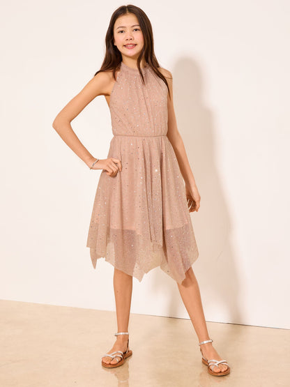 Lipsy Pink Sparkle Hanky Hem Halter Occasion Dress (7-16yrs) image 3