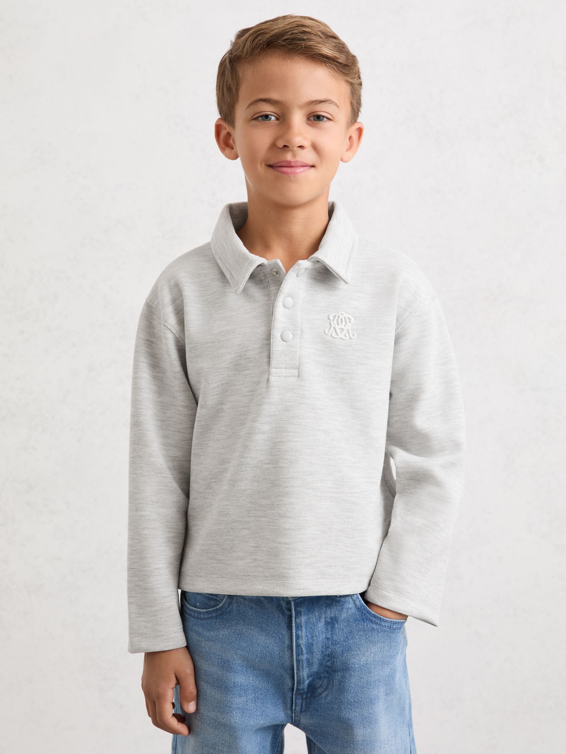 Dsiney Kidz - Reiss Soft Grey Melange Willard 3-9 yrs Monogram Embroidered Polo Shirt image 1