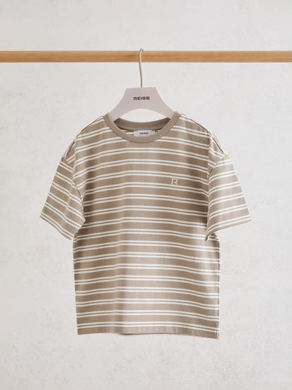 Reiss Taupe/White Emerson 9-13 yrs Cotton Stripe Logo-Embroidered T-Shirt image 1
