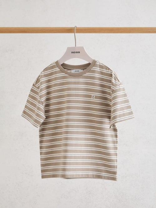 Reiss Taupe/White Emerson 9-13 yrs Cotton Stripe Logo-Embroidered T-Shirt image 1
