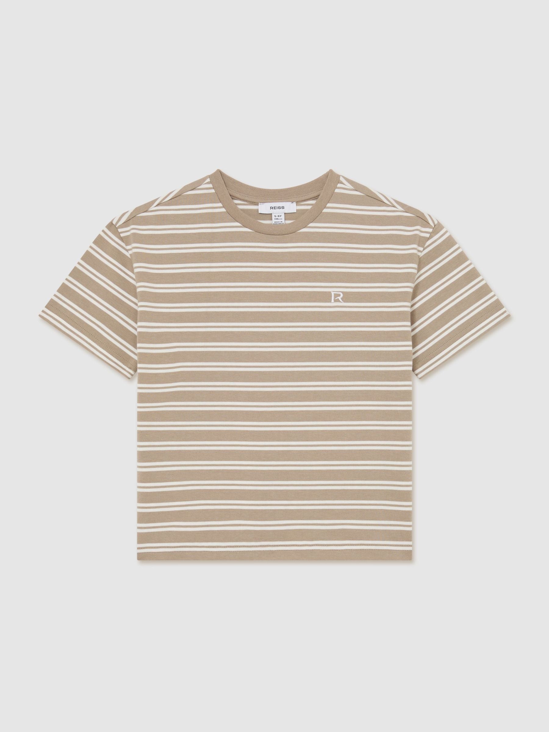 Reiss Taupe/White Emerson 9-13 yrs Cotton Stripe Logo-Embroidered T-Shirt image 2