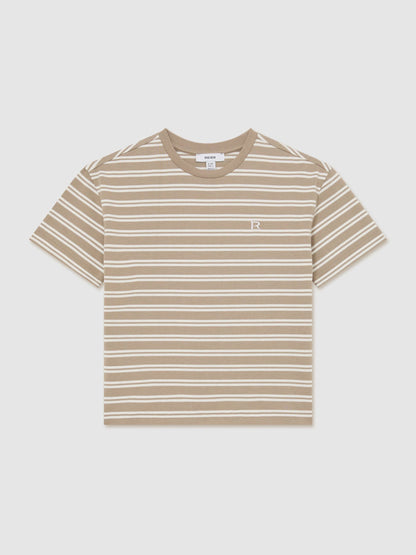 Reiss Taupe/White Emerson 9-13 yrs Cotton Stripe Logo-Embroidered T-Shirt image 2