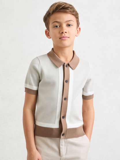 Dsiney Kidz - Reiss Taupe/Off White Craig 9-13 yrs Colour-Block Button-Through Polo Shirt image 1