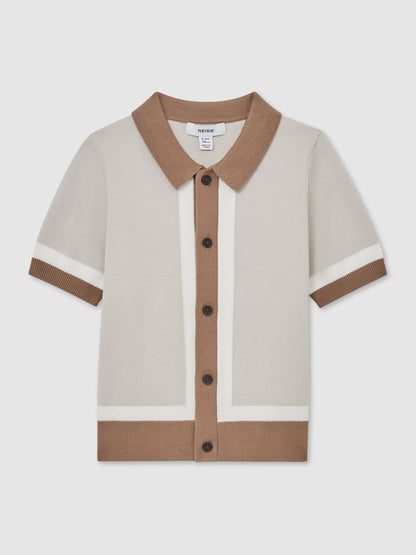 Dsiney Kidz - Reiss Taupe/Off White Craig 9-13 yrs Colour-Block Button-Through Polo Shirt image 2