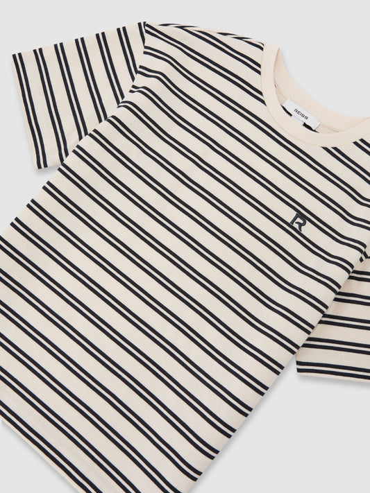 Reiss Navy/White Emerson 13-14 yrs Cotton Stripe Logo-Embroidered T-Shirt image 1