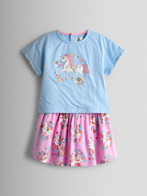 JoJo Maman Bébé Bright Pink Unicorn Appliqué T-Shirt & Skort Set image 1