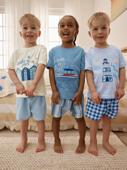 Blue/Ecru Seaside Woven Short Pyjamas 3 Pack (9mths-12yrs) image 1