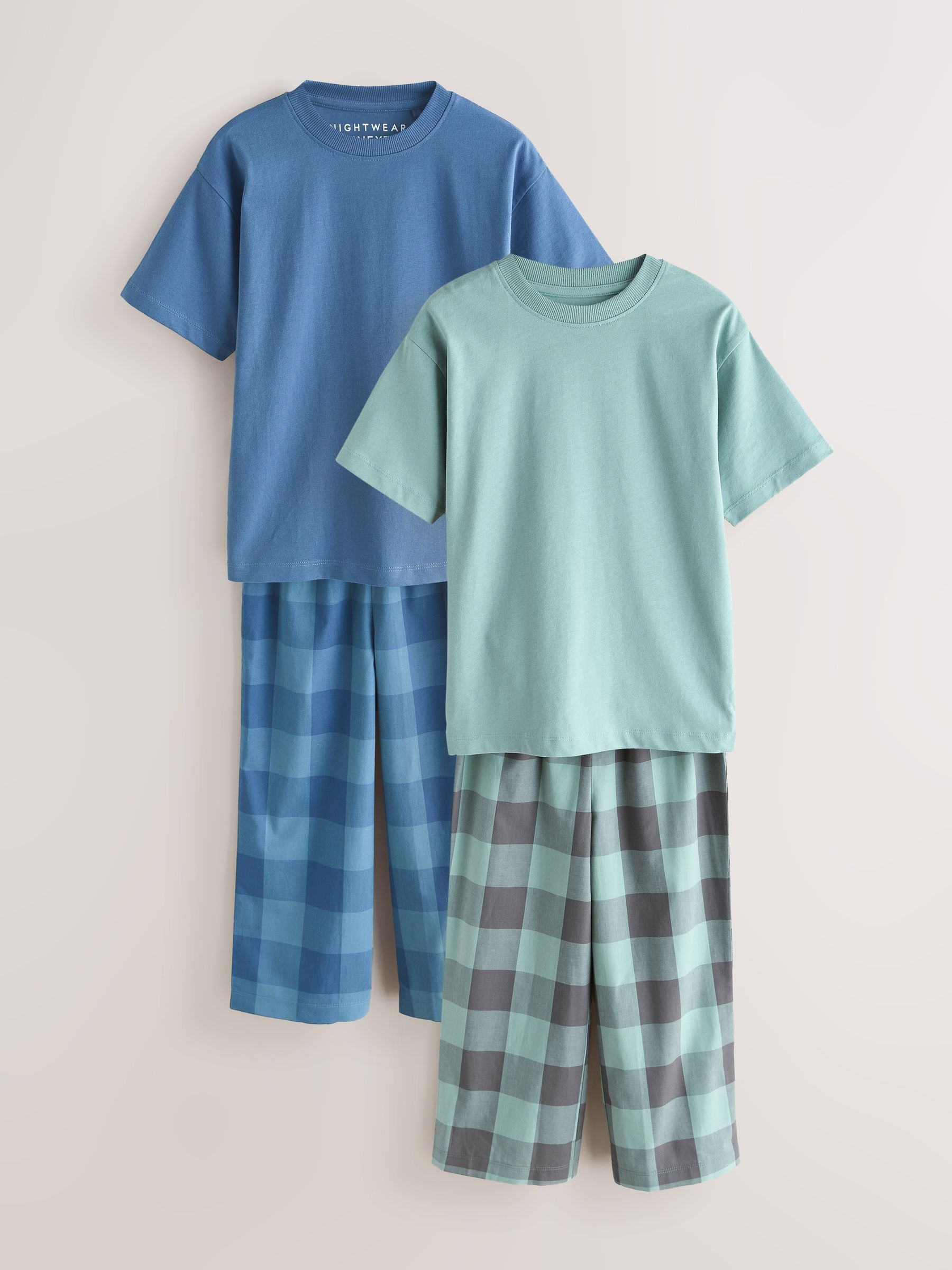 Blue/Green Check Short Sleeve Woven Long Pyjamas 2 Pack (3-16yrs) image 1