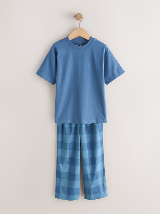 Blue/Green Check Short Sleeve Woven Long Pyjamas 2 Pack (3-16yrs) image 3