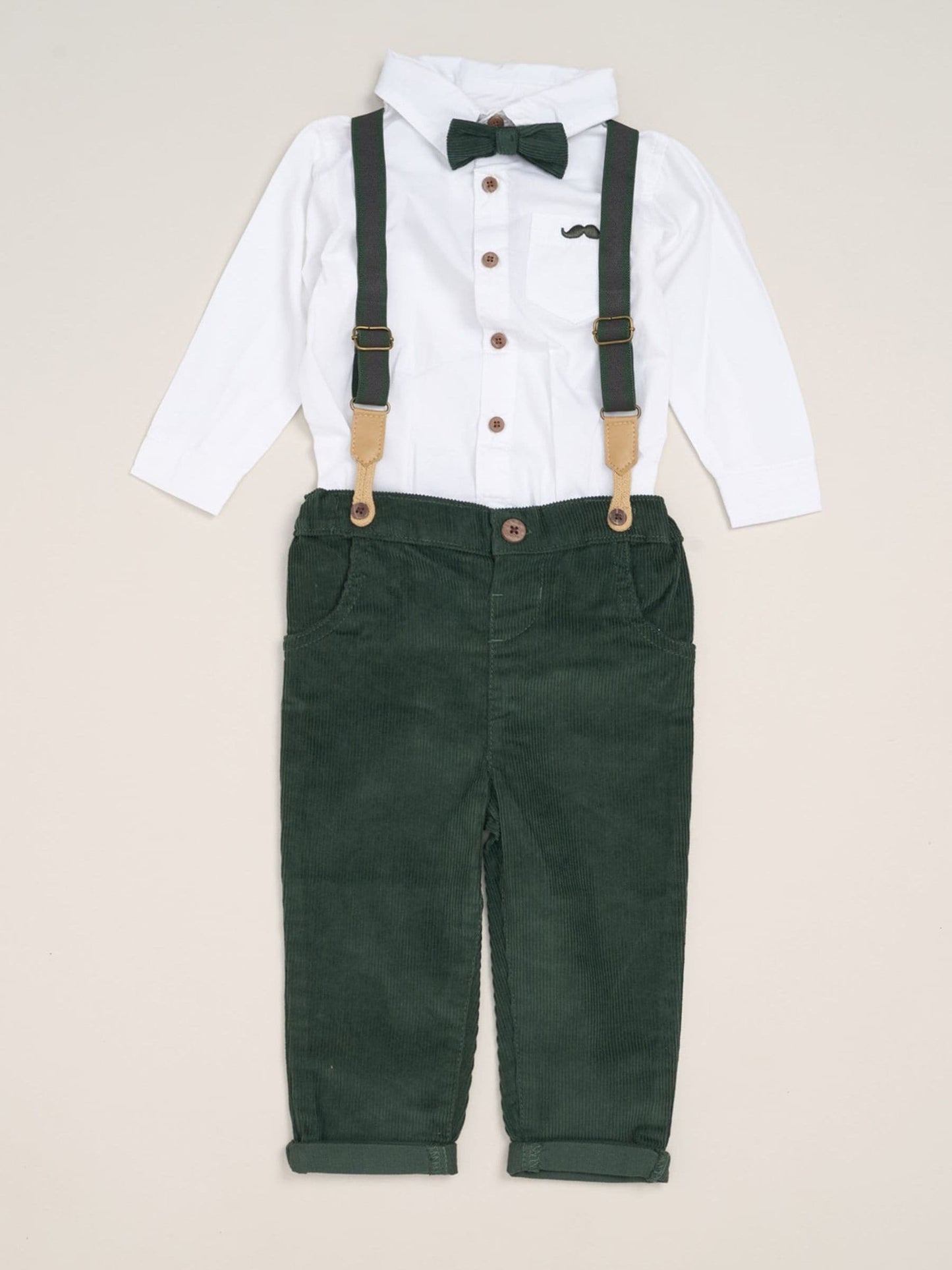 Little Gent Green Corduroy Bow Tie Mock Shirt And Trousers With Braces Outfit Set image 1