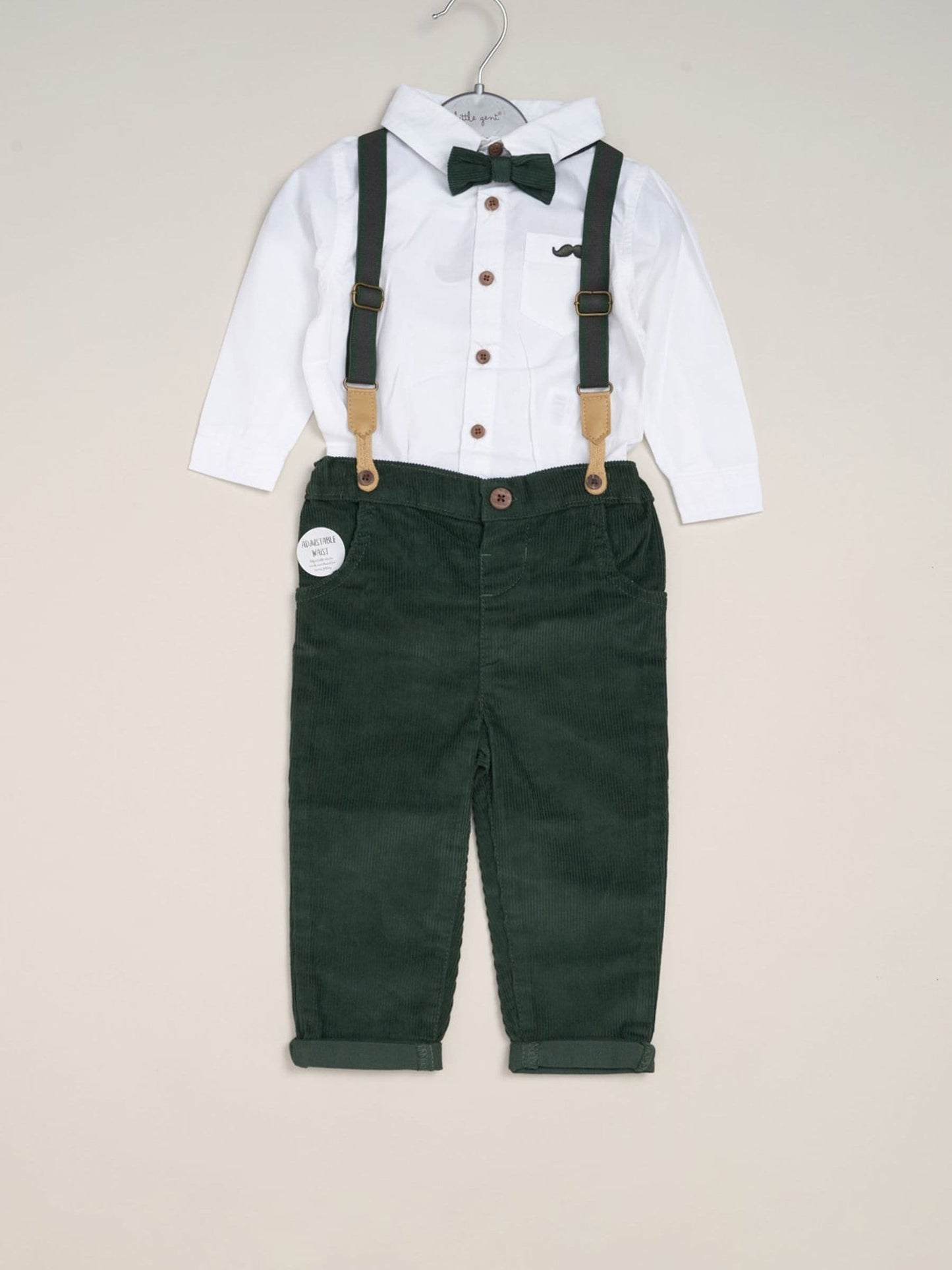 Little Gent Green Corduroy Bow Tie Mock Shirt And Trousers With Braces Outfit Set image 2