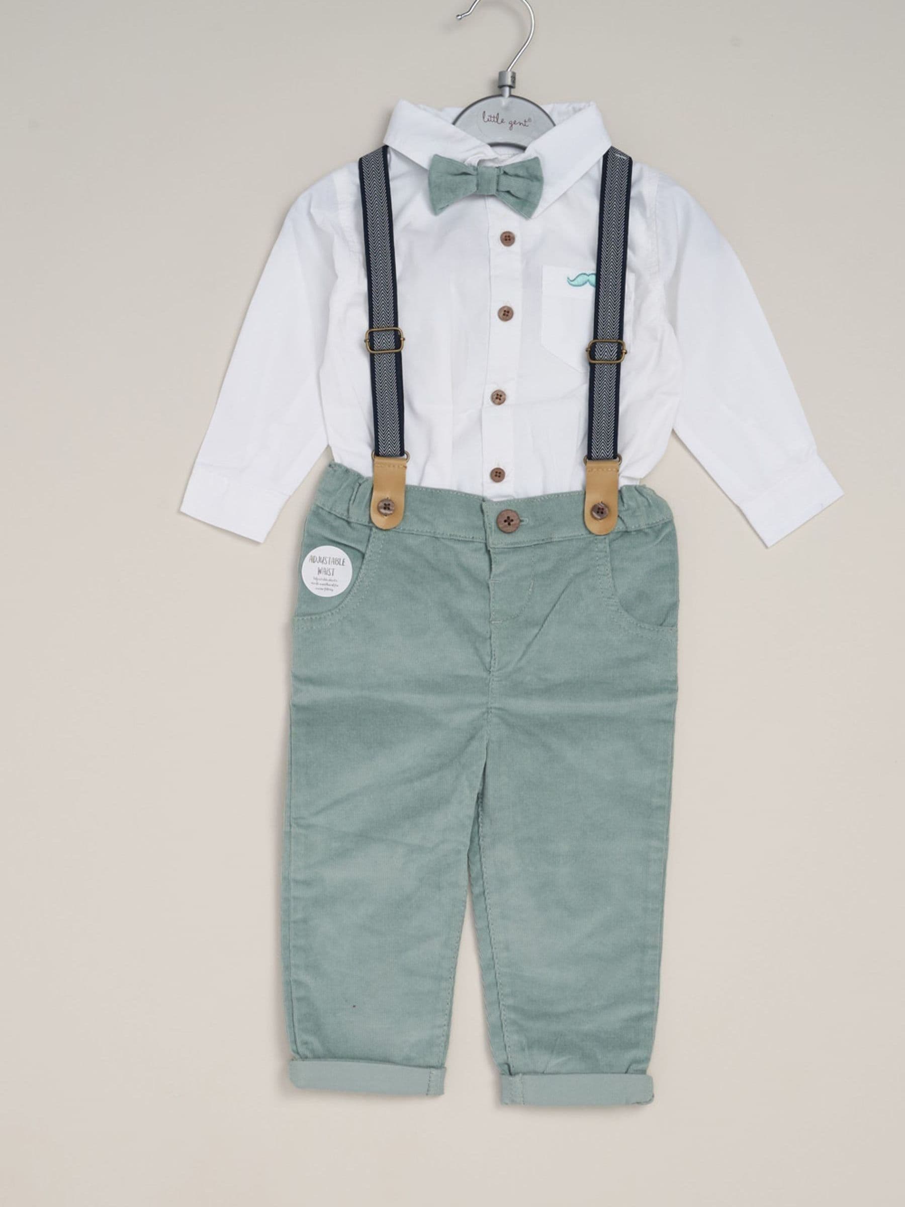 Little Gent Light Green Corduroy Bow Tie Mock Shirt And Trousers With Braces Outfit Set image 2