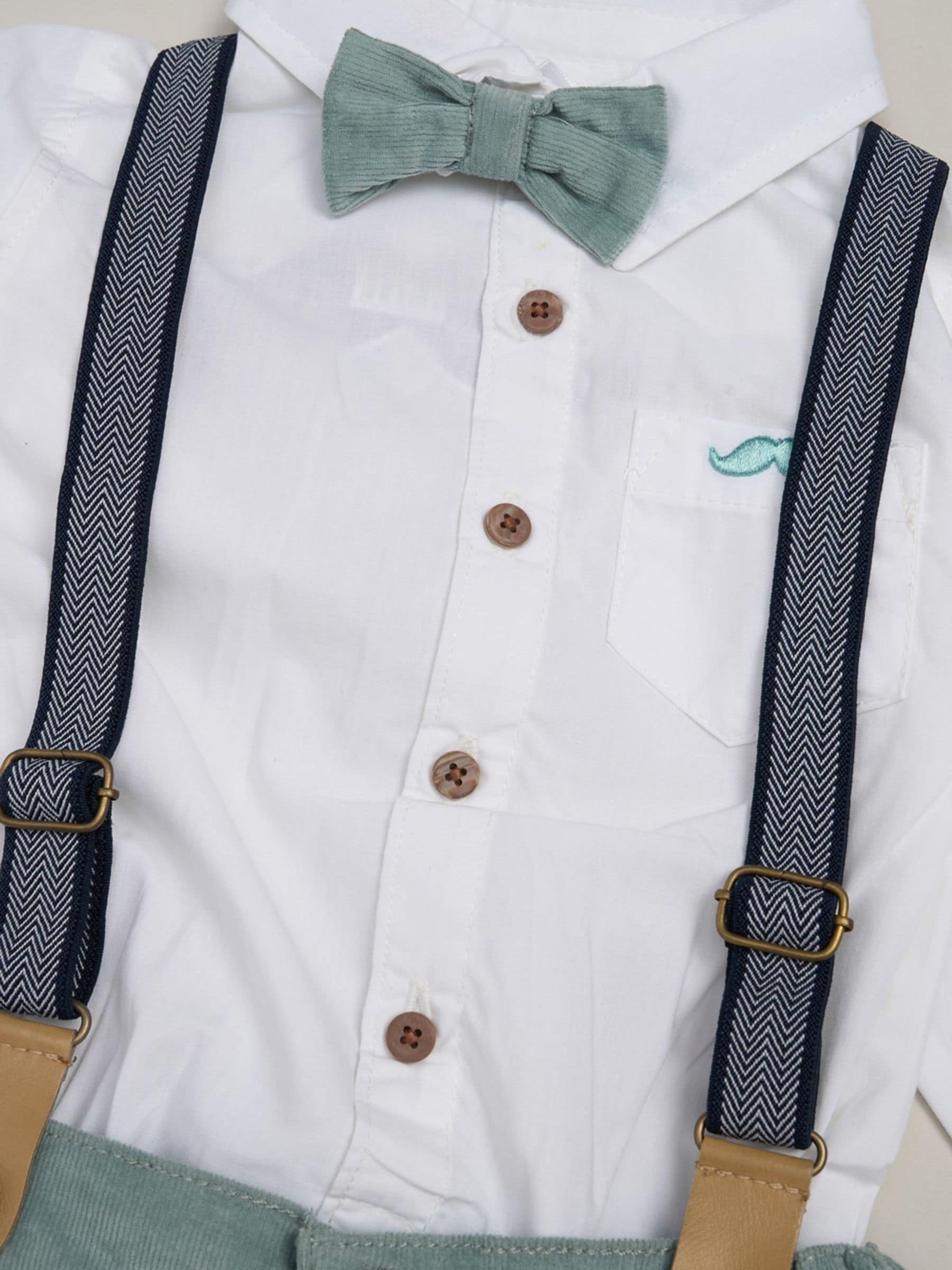 Little Gent Light Green Corduroy Bow Tie Mock Shirt And Trousers With Braces Outfit Set image 3