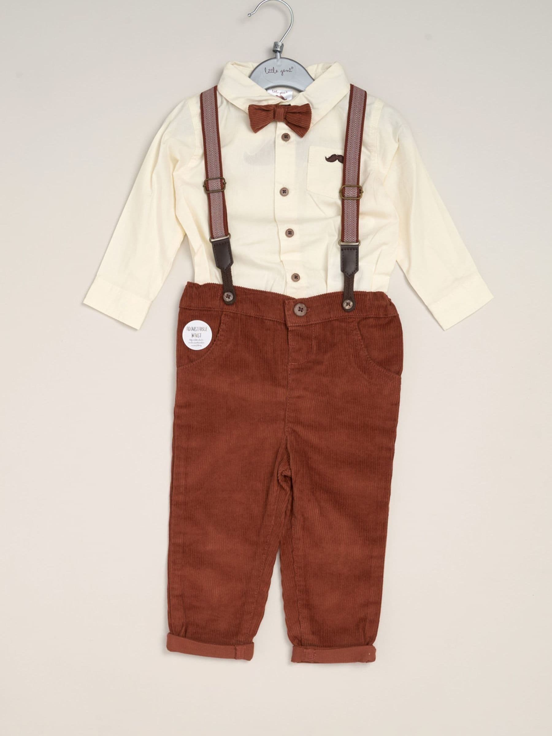 Little Gent Brown Corduroy Bow Tie Mock Shirt And Trousers With Braces Outfit Set image 2
