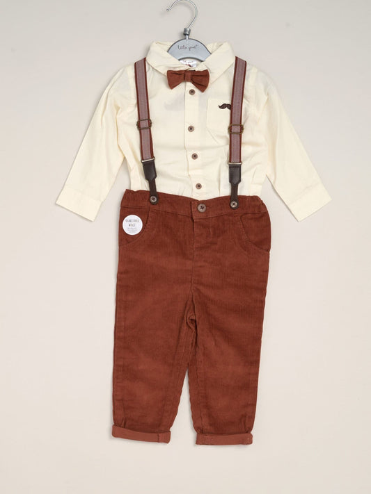 Little Gent Brown Corduroy Bow Tie Mock Shirt And Trousers With Braces Outfit Set image 2