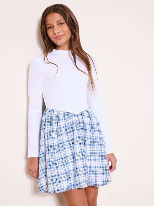 Lipsy White Check Long Sleeve 2-in-1 Puffball Dress (5-16yrs) image 1