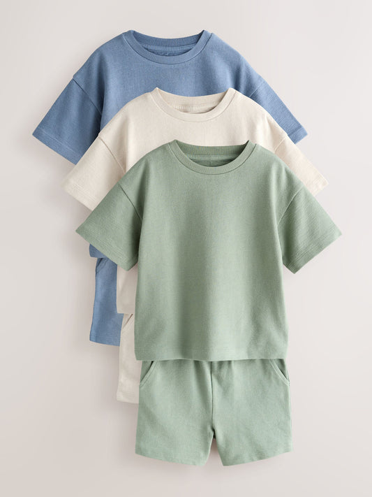 Blue/Green/Neutral Textured Short Sleeve T-Shirt and Shorts Set 3 Pack (3mths-7yrs) image 1