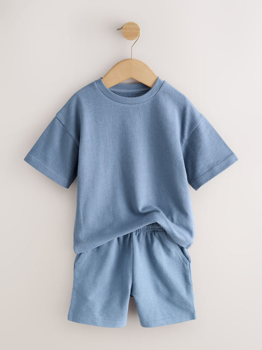 Blue/Green/Neutral Textured Short Sleeve T-Shirt and Shorts Set 3 Pack (3mths-7yrs) image 2