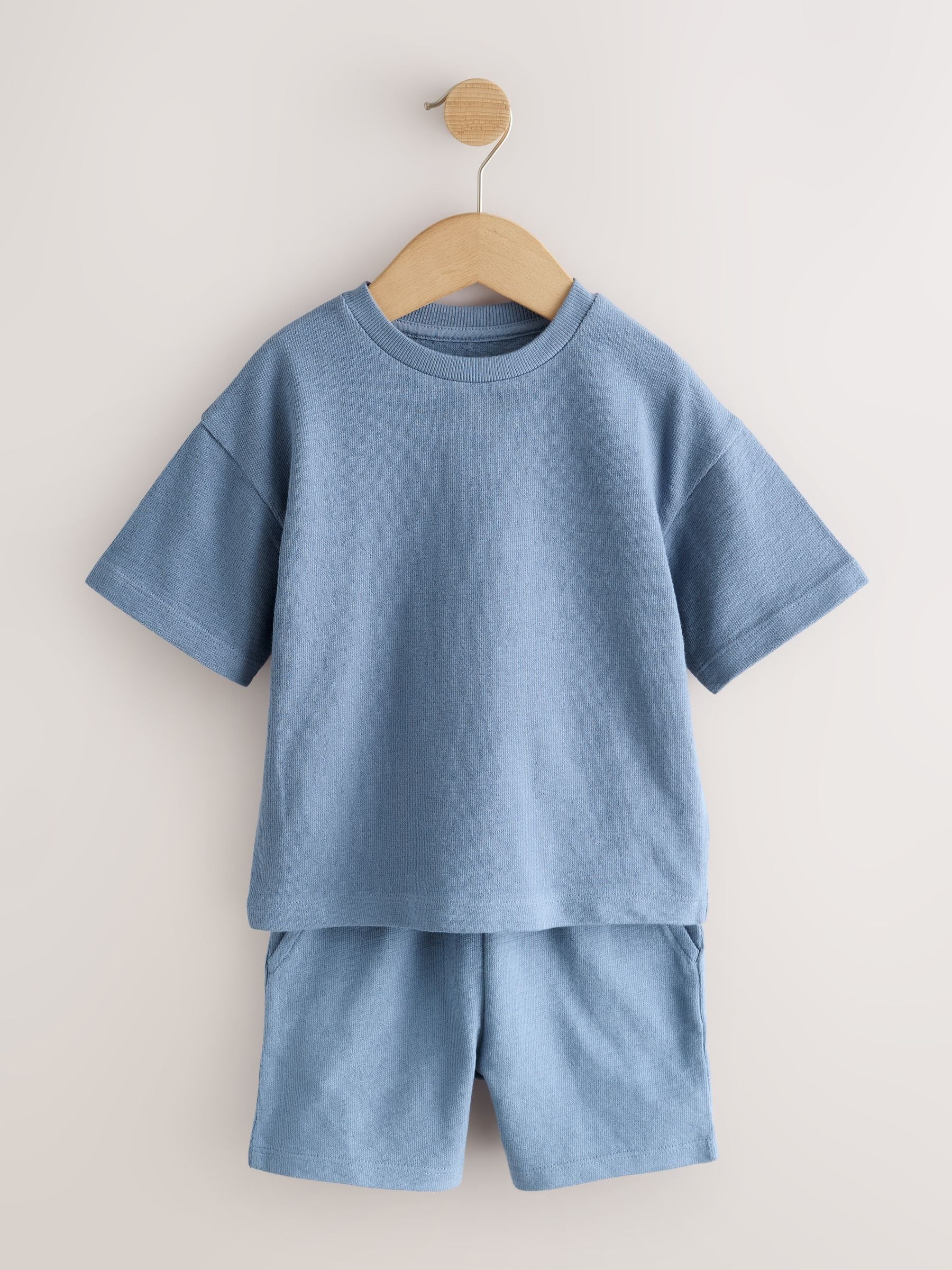 Blue/Green/Neutral Textured Short Sleeve T-Shirt and Shorts Set 3 Pack (3mths-7yrs) image 4