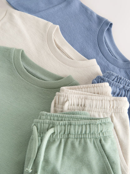 Blue/Green/Neutral Textured Short Sleeve T-Shirt and Shorts Set 3 Pack (3mths-7yrs) image 7