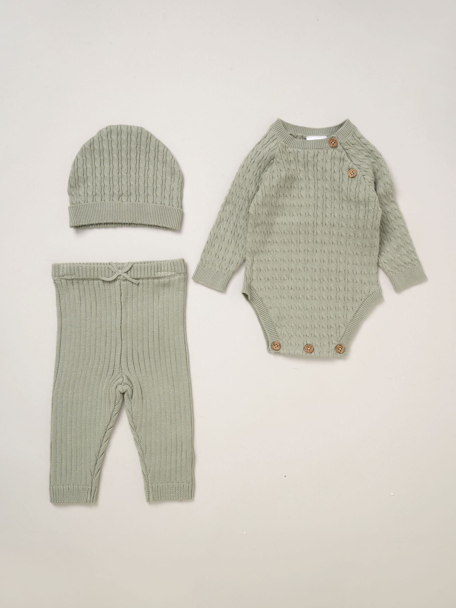 Rock-A-Bye Baby Boutique Green Knit Bodysuits Leggings and Hats Set 3-Piece image 1