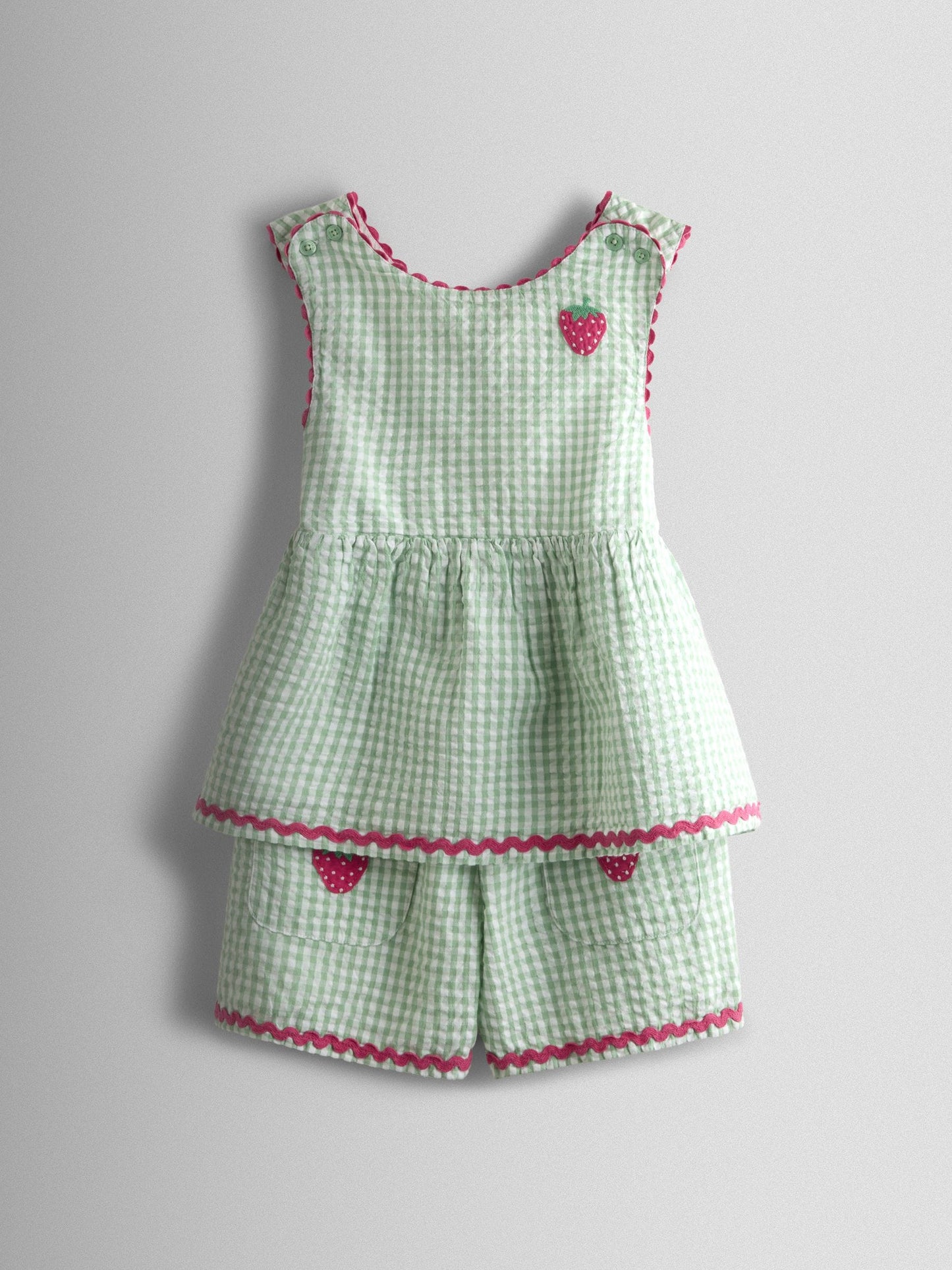 JoJo Maman Bébé Green Gingham Strawberry Cross Back Appliqué Top & Short Set image 1