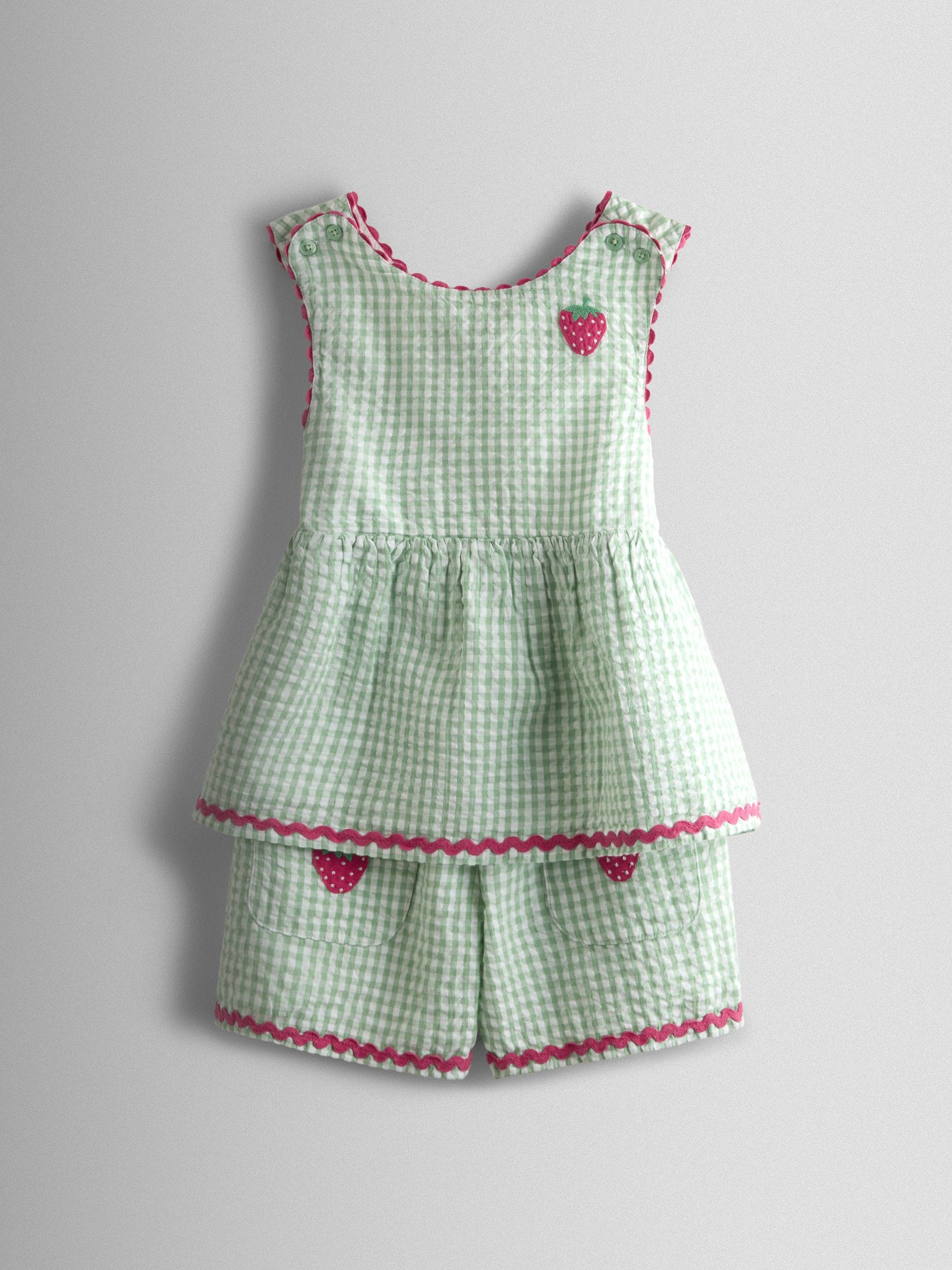 JoJo Maman Bébé Green Gingham Strawberry Cross Back Appliqué Top & Short Set image 1