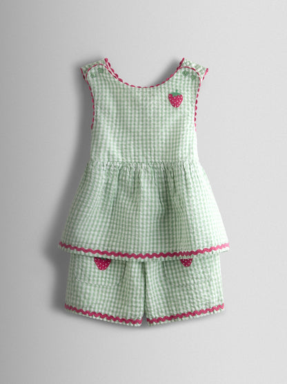 JoJo Maman Bébé Green Gingham Strawberry Cross Back Appliqué Top & Short Set image 1