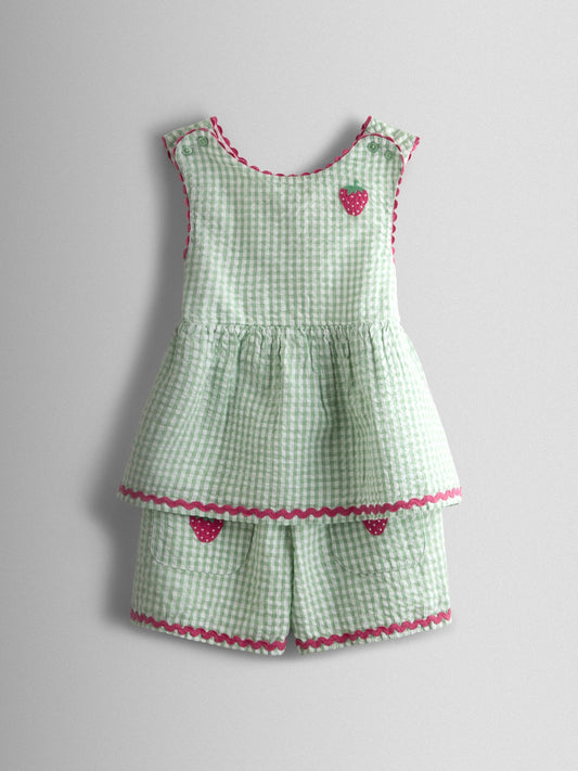 JoJo Maman Bébé Green Gingham Strawberry Cross Back Appliqué Top & Short Set image 1