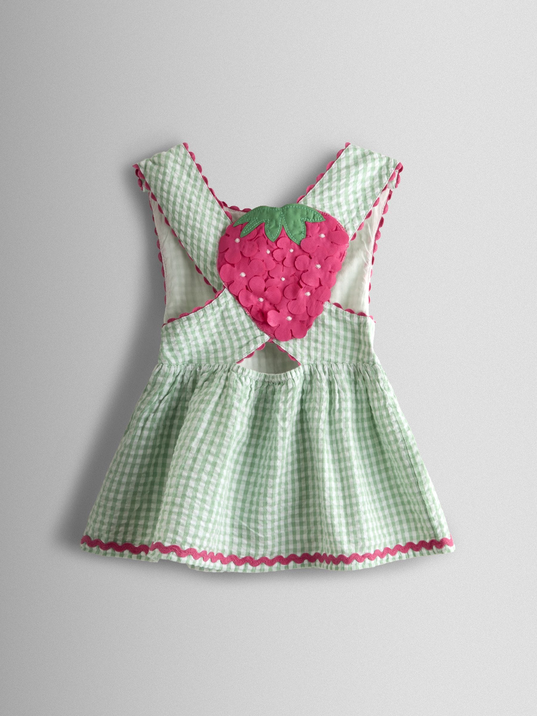 JoJo Maman Bébé Green Gingham Strawberry Cross Back Appliqué Top & Short Set image 3