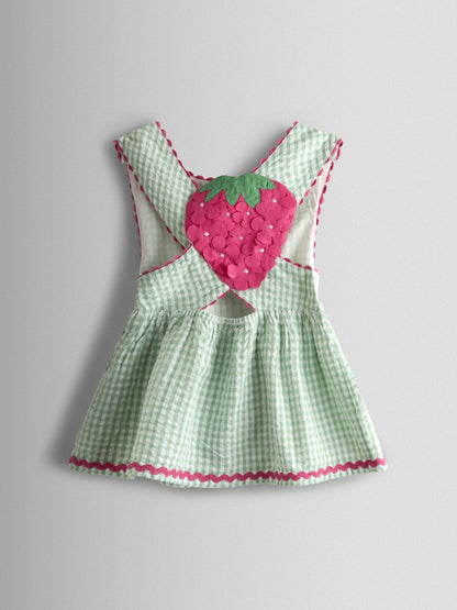 JoJo Maman Bébé Green Gingham Strawberry Cross Back Appliqué Top & Short Set image 3