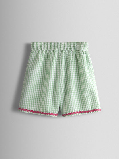 JoJo Maman Bébé Green Gingham Strawberry Cross Back Appliqué Top & Short Set image 5