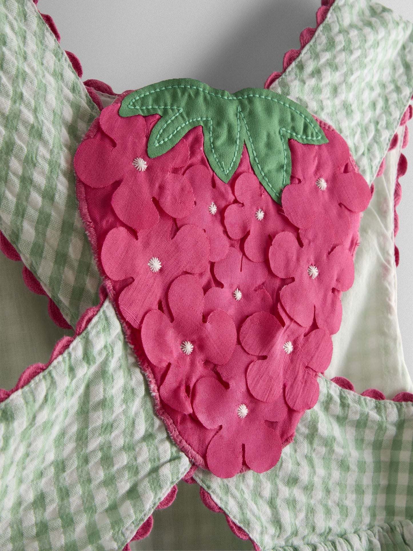 JoJo Maman Bébé Green Gingham Strawberry Cross Back Appliqué Top & Short Set image 6