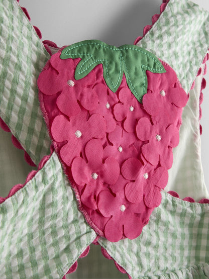 JoJo Maman Bébé Green Gingham Strawberry Cross Back Appliqué Top & Short Set image 6