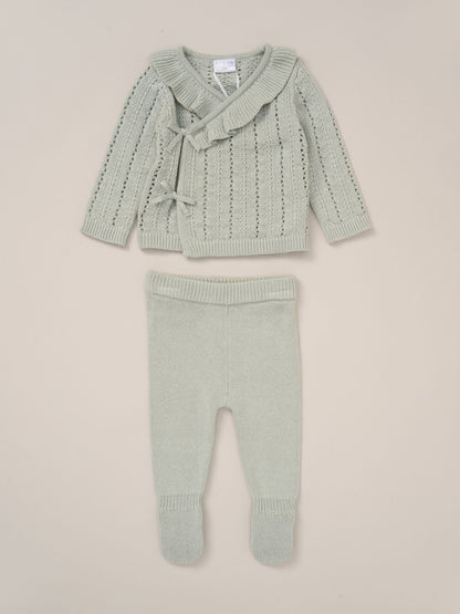 Rock-A-Bye Baby Boutique Green Knit Cardigan And Footed Leggings Set image 1