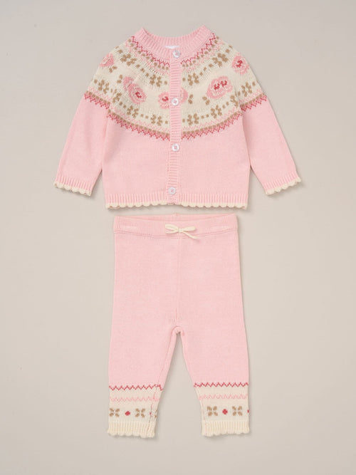 Rock-A-Bye Baby Boutique Pink True Knit Fairisle Pattern Cardigan And Trousers Outfit Set image 1