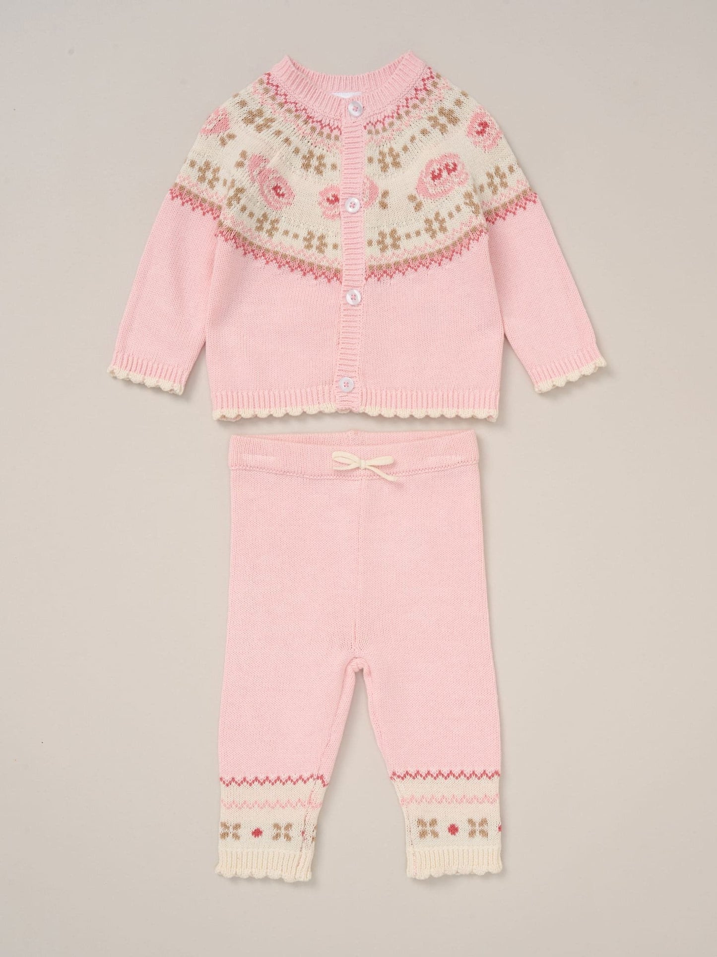 Rock-A-Bye Baby Boutique Pink True Knit Fairisle Pattern Cardigan And Trousers Outfit Set image 1